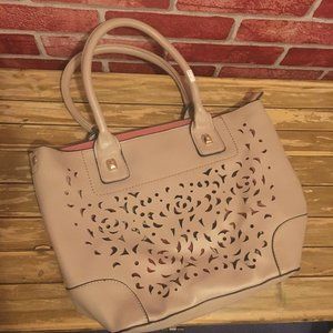 Tan Tote Bag Cream Faux Leather Pattern